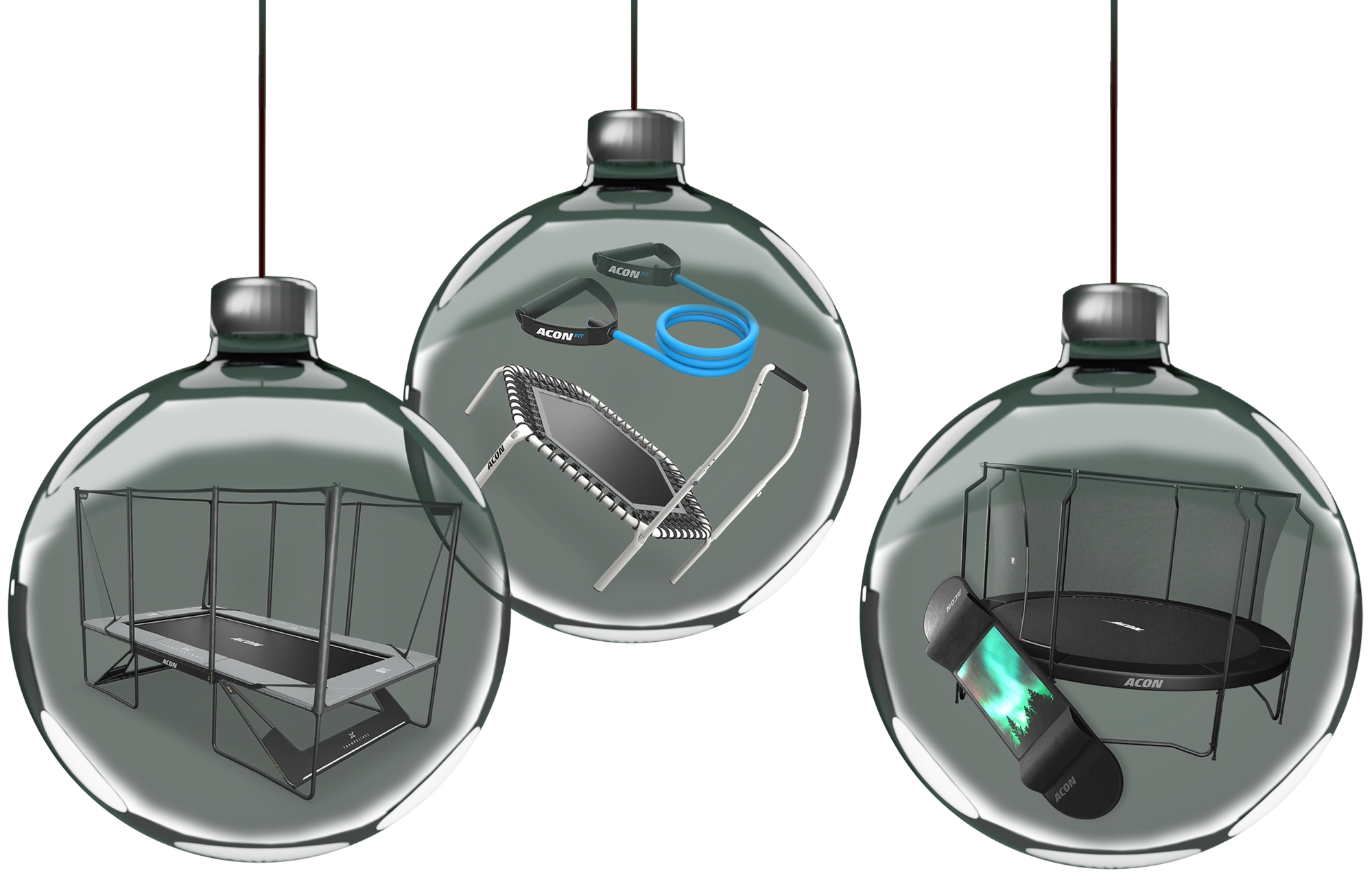Three glass Christmas tree decorations containing Acon products, an X trampoline, a FIT rebounder, and a 14-foot trampoline.