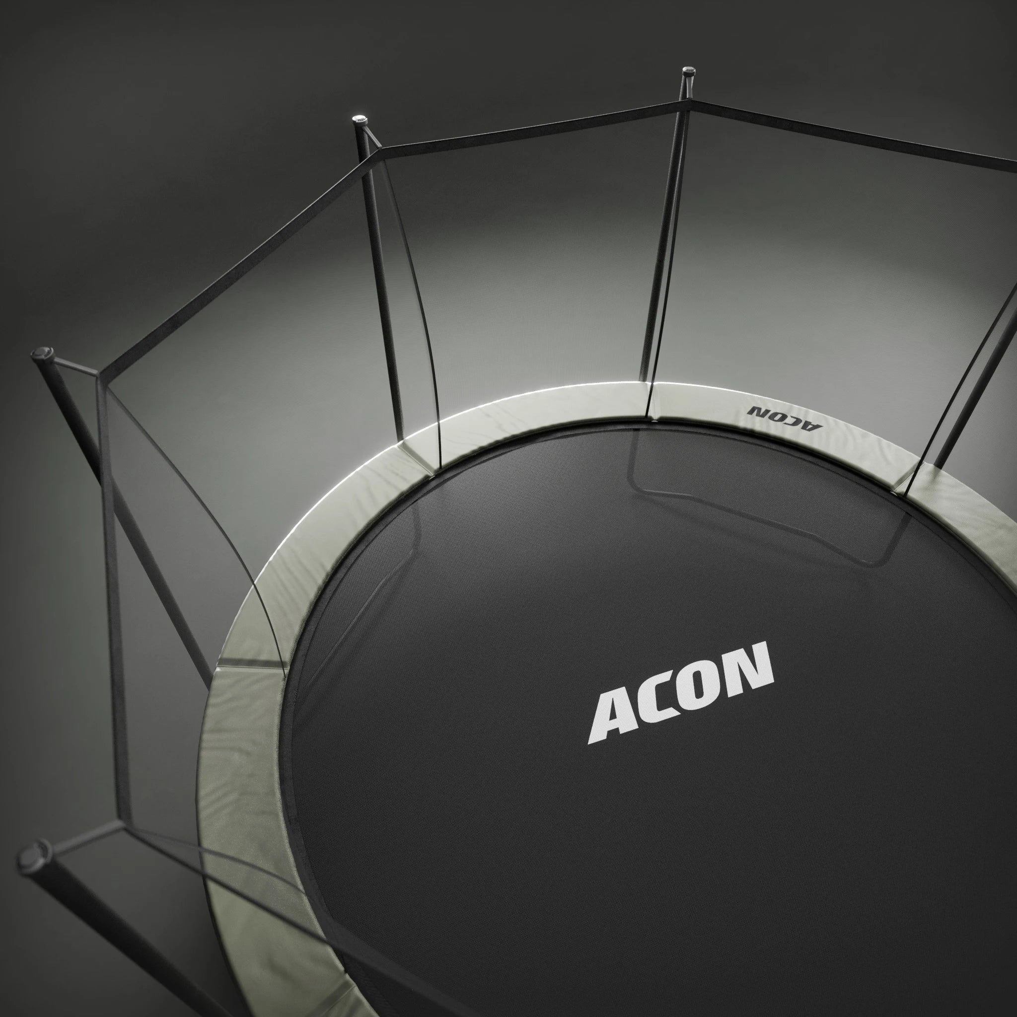 Top-down view of the Acon 4.3m trampoline frame and mat, showing the structure of a 14ft round trampoline.