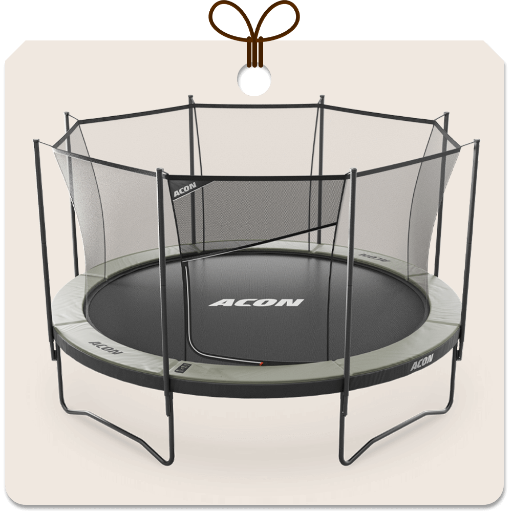 Gift package card with an image of Acon Air 4,3m Trampoline with net.