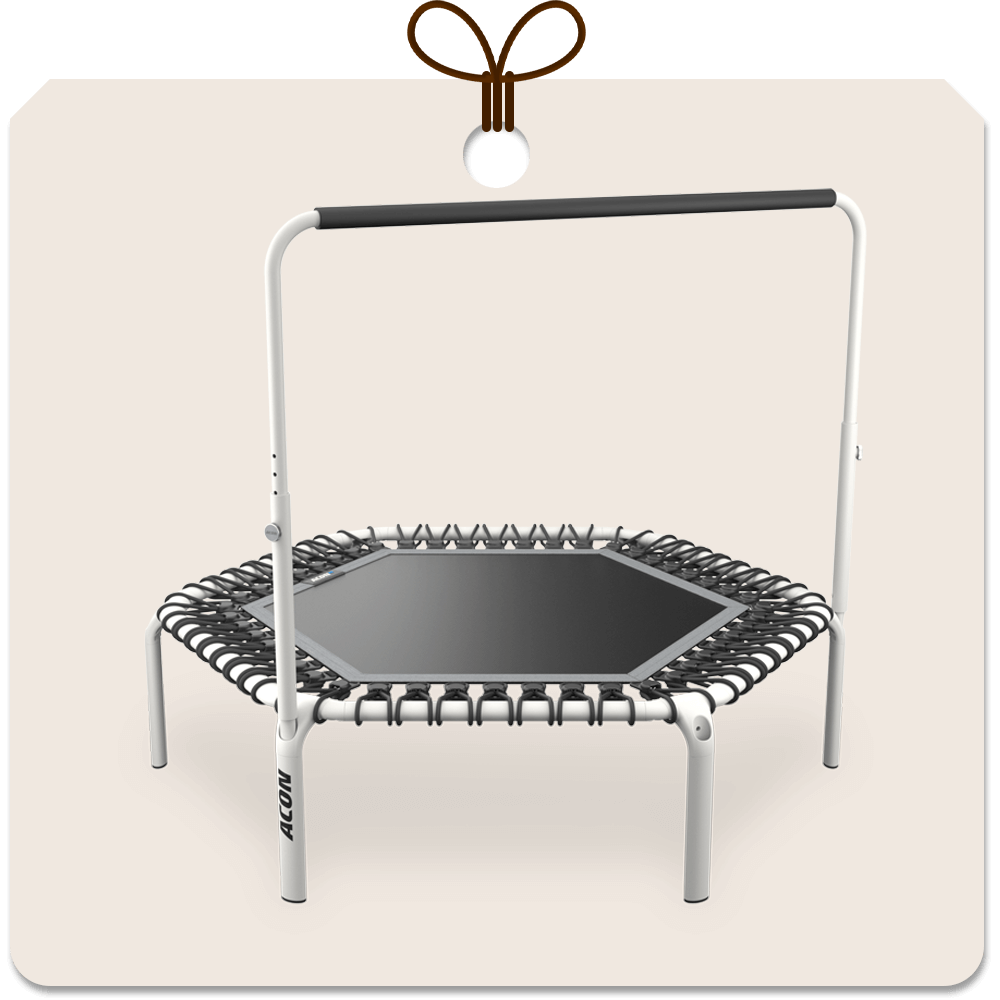 Gift package card with an image of white hexagon Acon FIT rebounder with Balance handlebar.