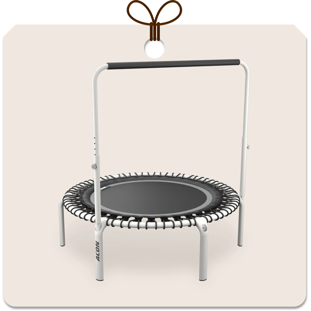 Gift package card with an image of white round Acon FIT rebounder with Balance handlebar.