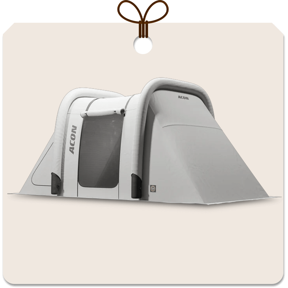Gift package card with an image of Acon rectangular trampoline tent.
