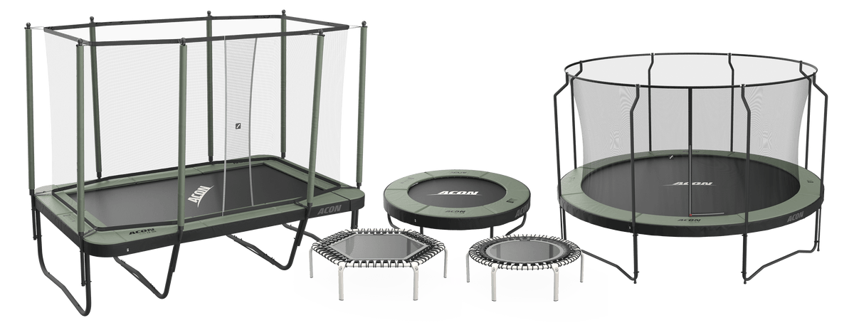 Different trampoline types: rectangular and round trampolines, mini trampoline and rebounders.