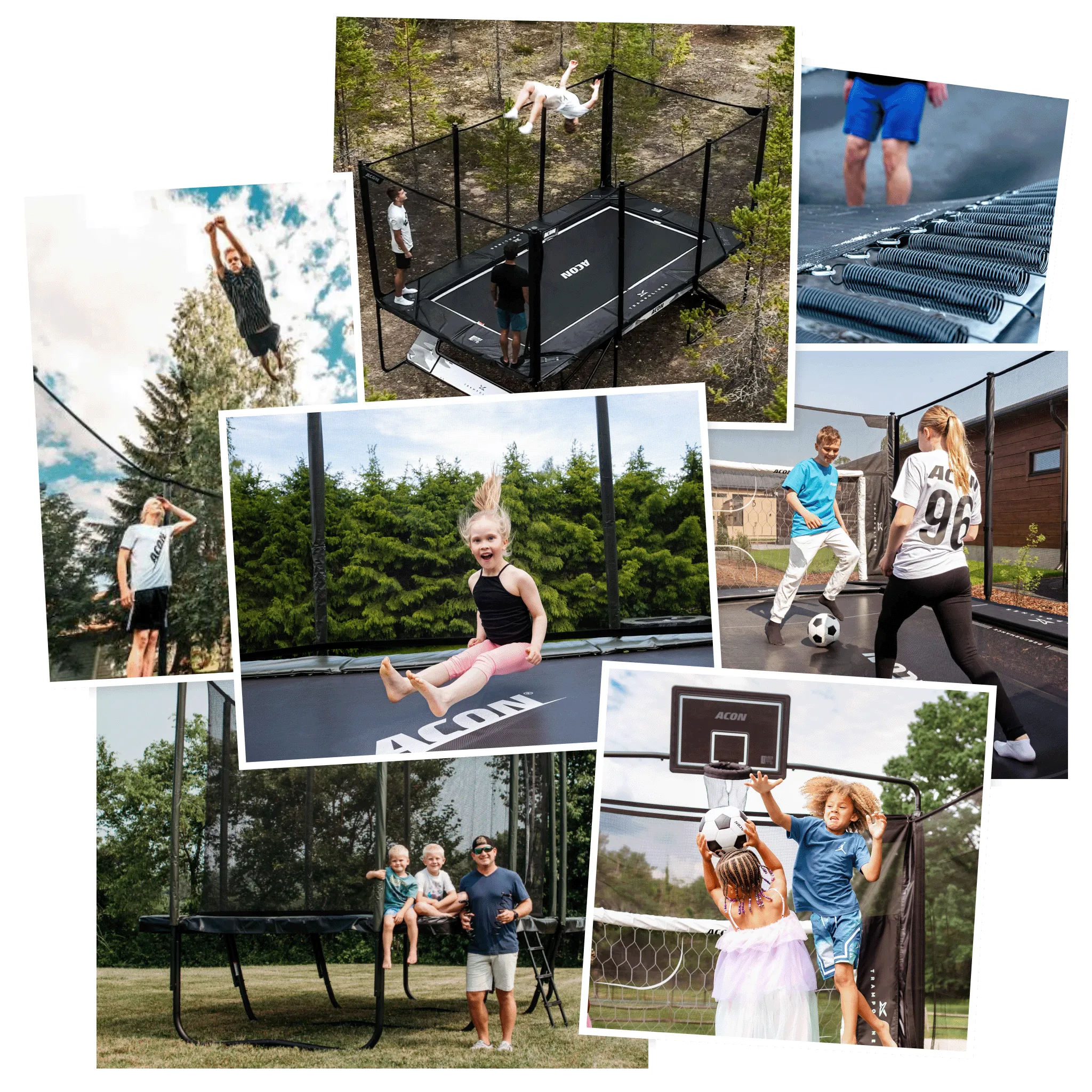 Collage of people enjoying Acon trampolines in backyards, featuring jumping, games and family activities.