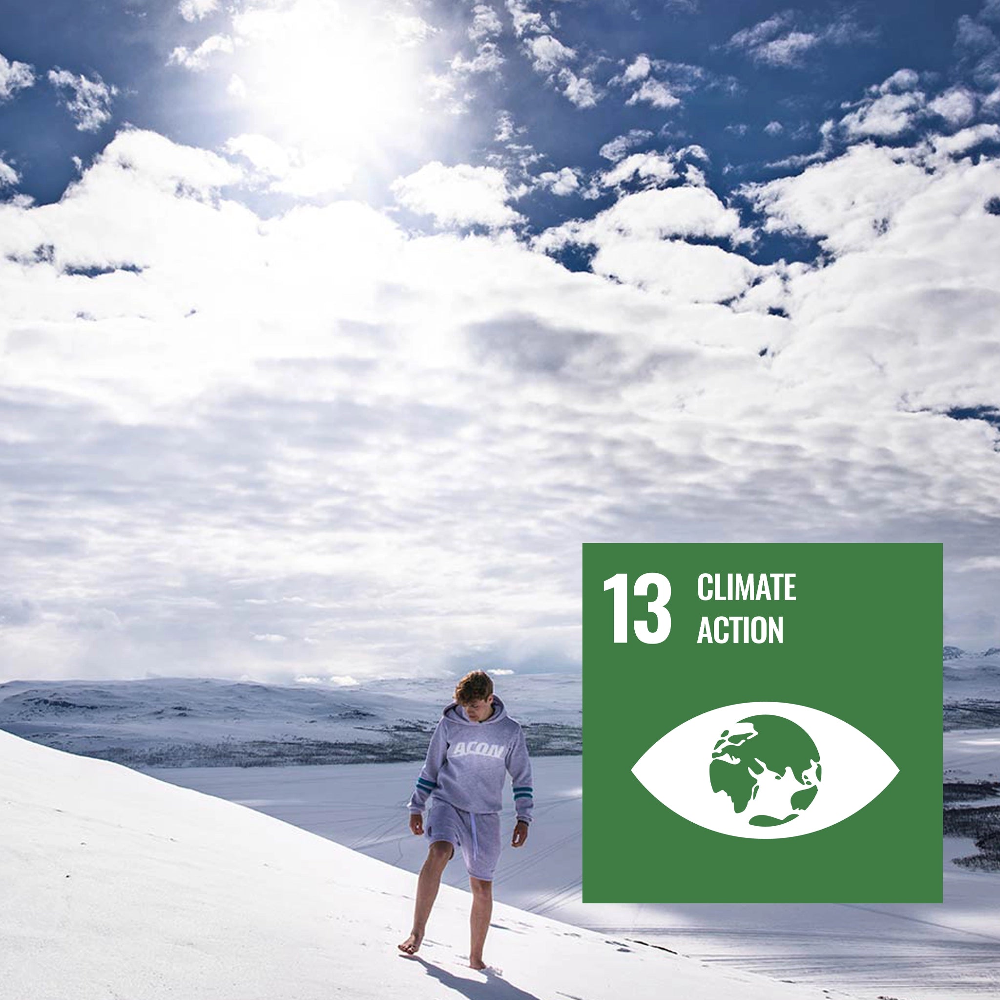 A sunny snowy landscape in the fells of Lapland. The image features the UN sustainability mark 13 - Climate Action.