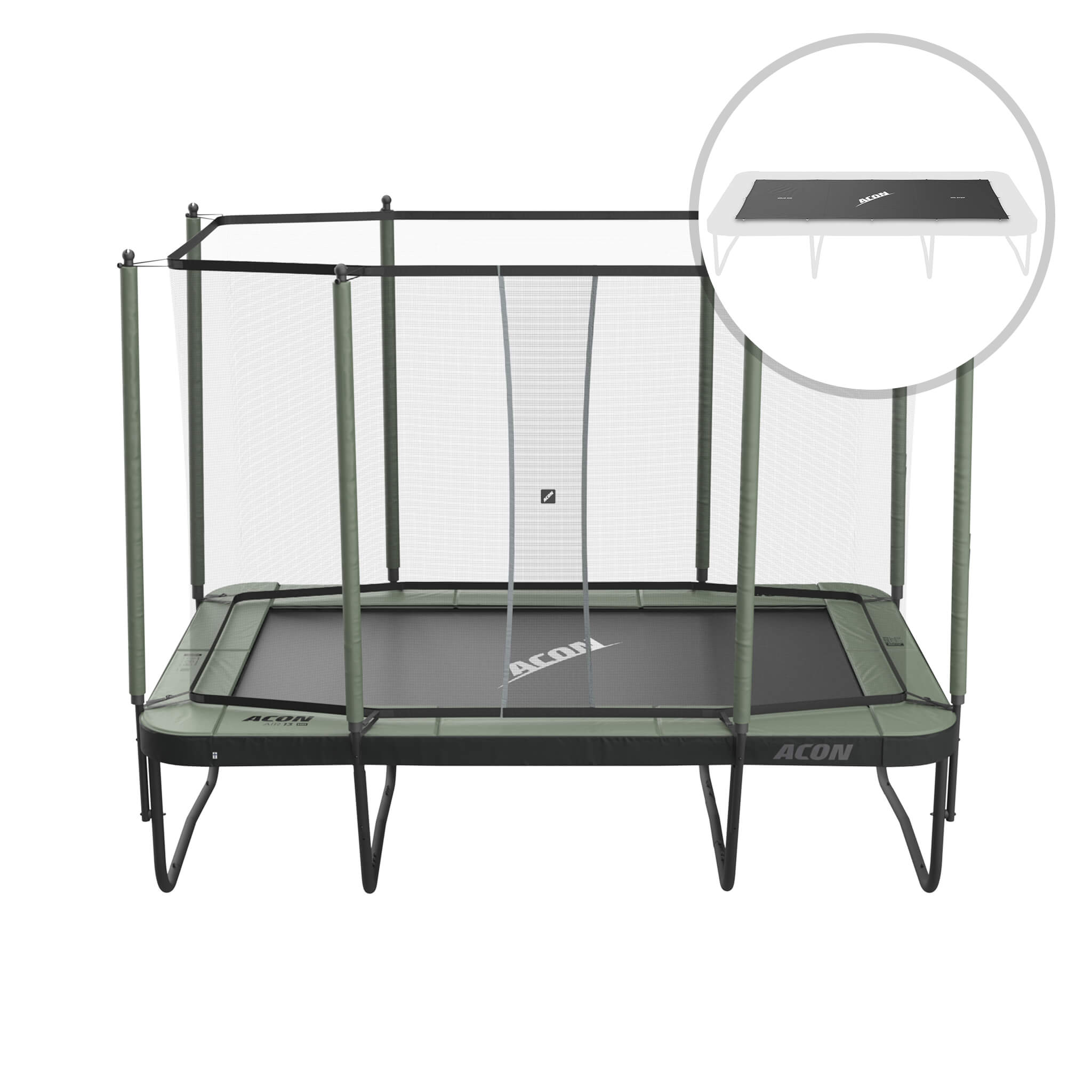 ACON Air 13 Sport HD Trampoline with enclosure and ladder and weather cover.