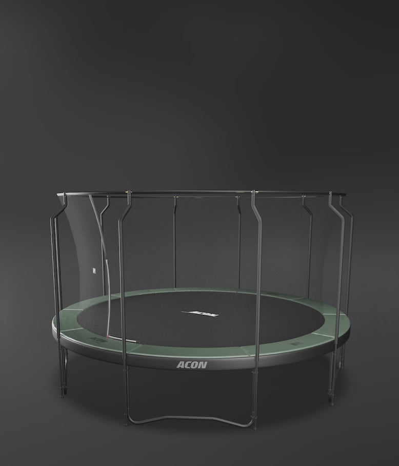 Round Acon trampoline with Premium and Standard safety nets shown in a slideshow video. Safe outdoor trampoline – ideal for families and active jumpers.