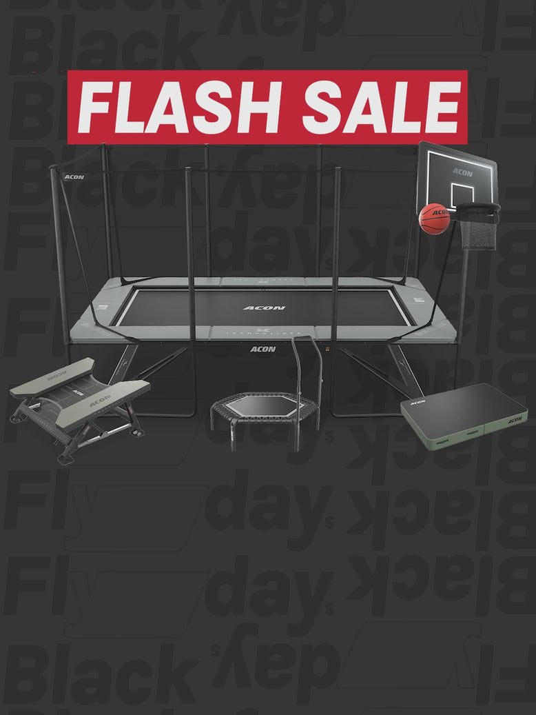 Flash Sale! Acon X-Trampoline, Freestyle Mini, Basketball Hoop, FIT Trampoline & Crash Mat on dark Black Flydays background with lightning effect.