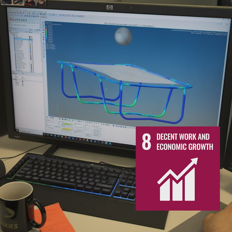 Working at Acon - designing, testing, storing. On the video is the UN sustainability mark 8 - Decent Work and Economic Growth.