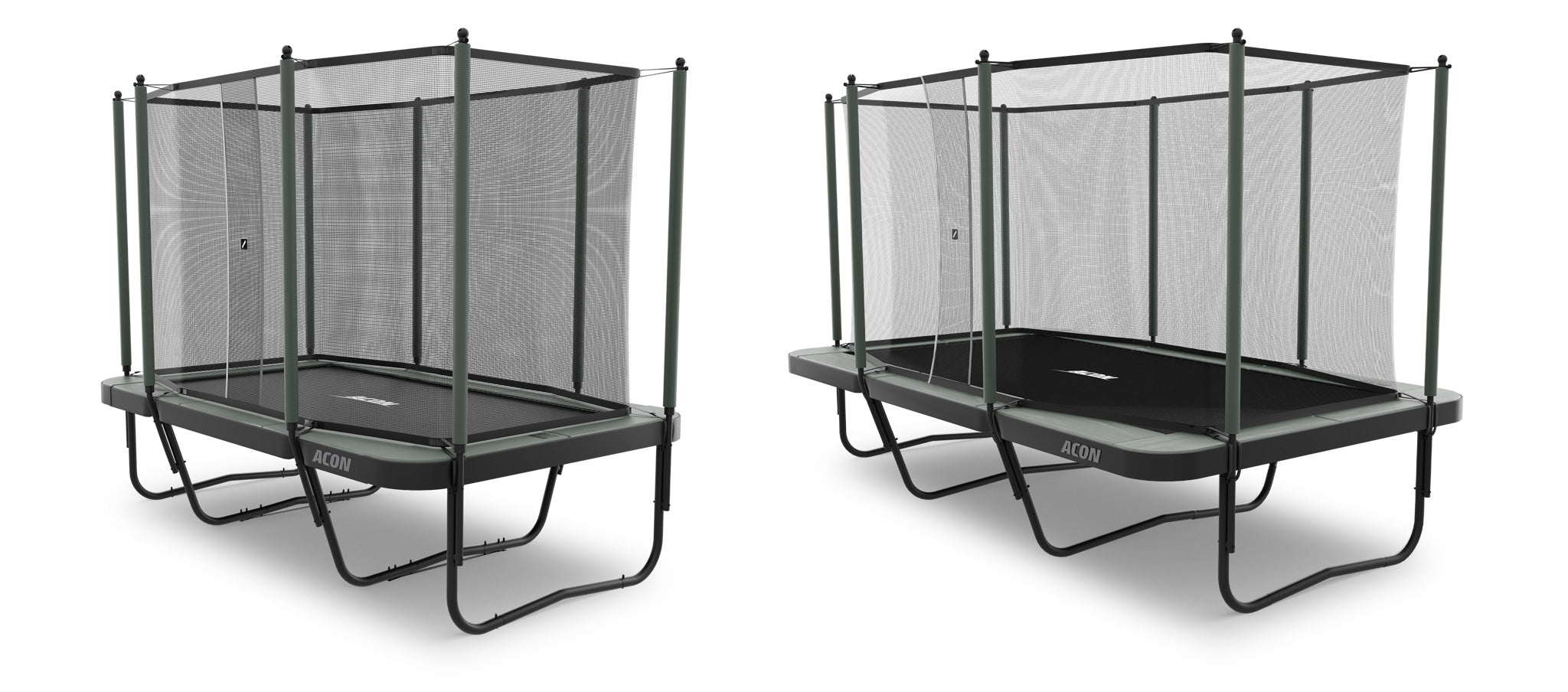 Two rectangular trampolines by ACON with Performance springs included. The left one is the smaller trampoline called 13 HD and the right one is ACON flagship trampoline 16 HD 