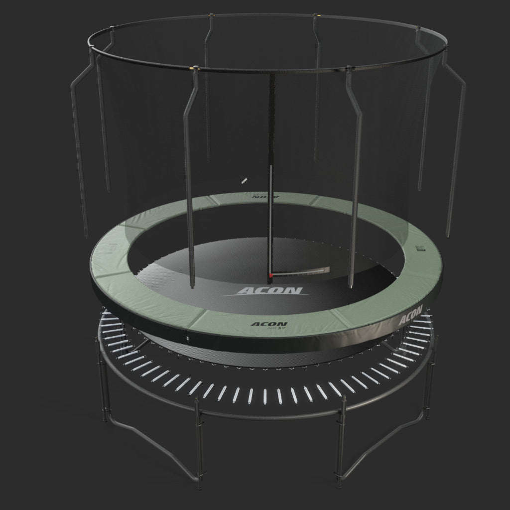 Round Acon trampoline parts separated: safety net, padding, mat, springs, frame