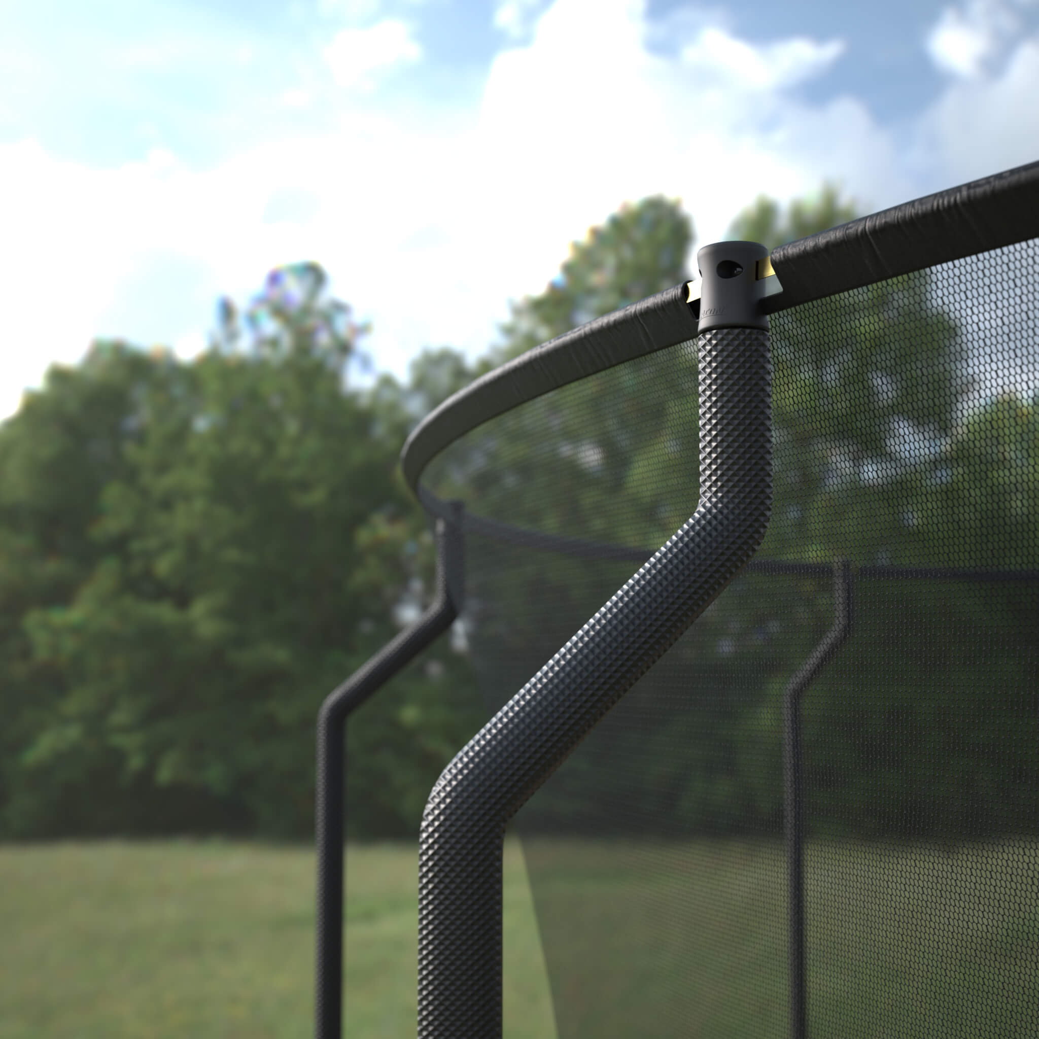 Detail of a round Acon trampoline's Premium enclosure