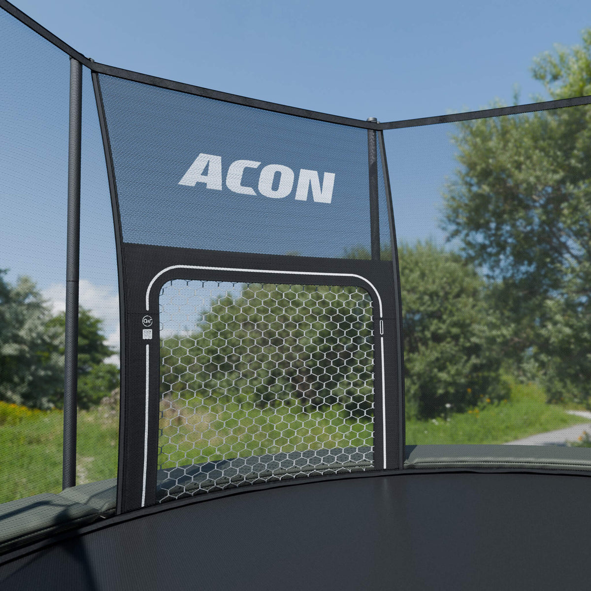 ACON Air Football Goal Panel assembled to an ACON Air Round trampoline outdoors.