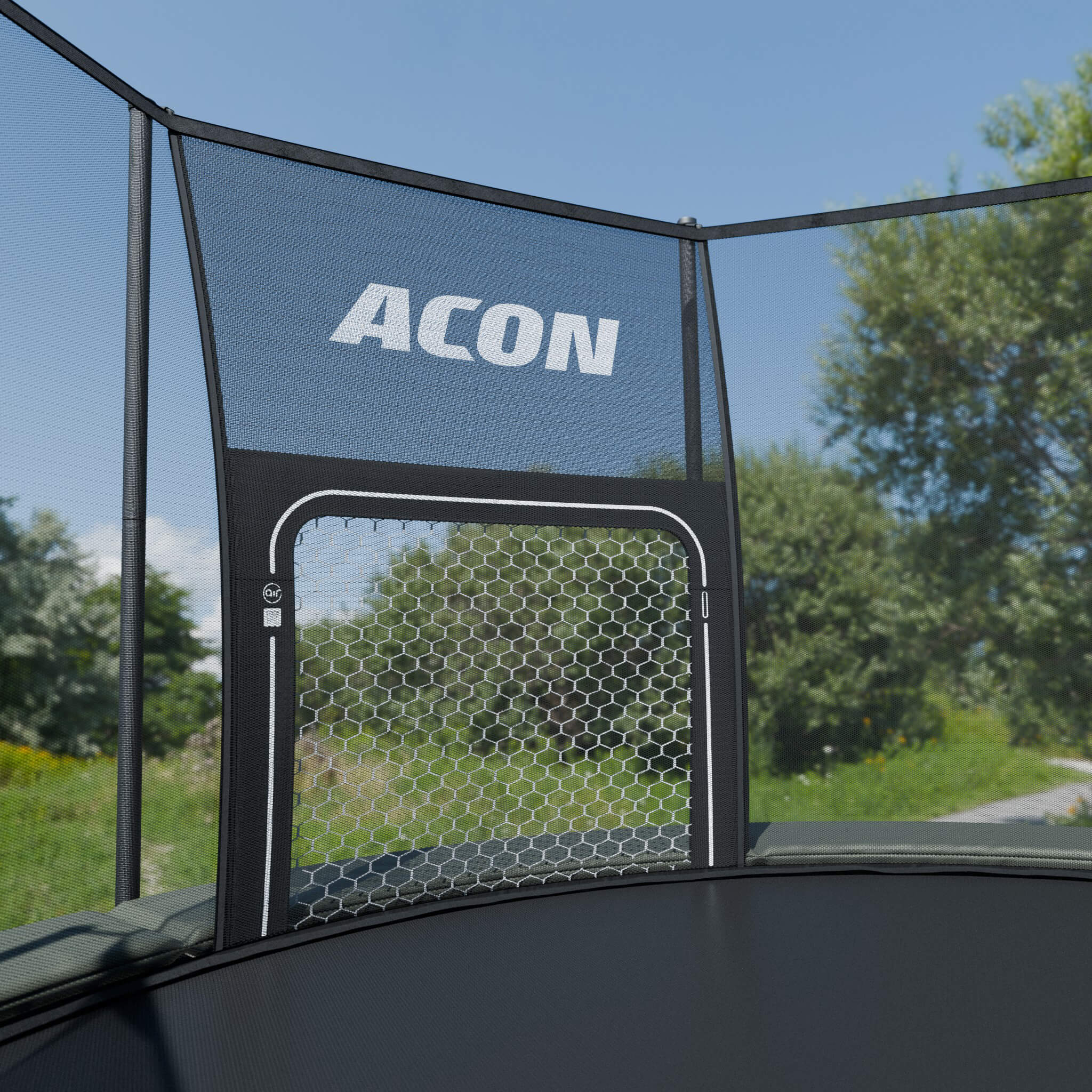 ACON Air Football Goal Panel assembled to an ACON Air Round trampoline outdoors.