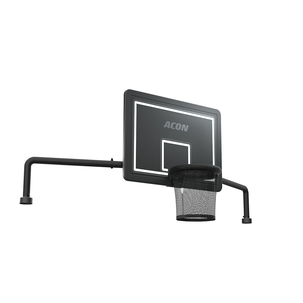 Product image from below and to the left of the Acon Trampoline Hoop for a rectangle trampoline shot against a white background.