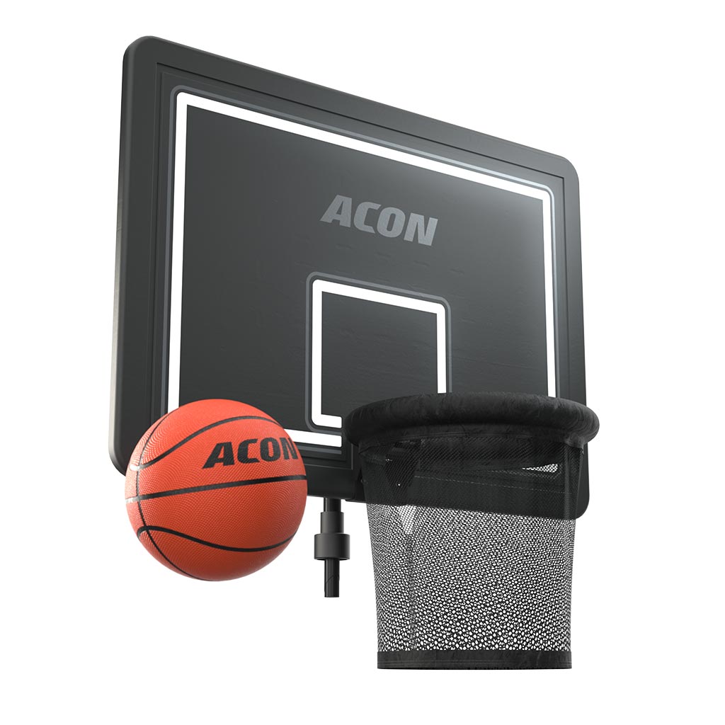 Product image of the orange, pro-style Acon Basketball, pictured to the side of the Acon Trampoline Hoop for round trampoline, shot against white background.