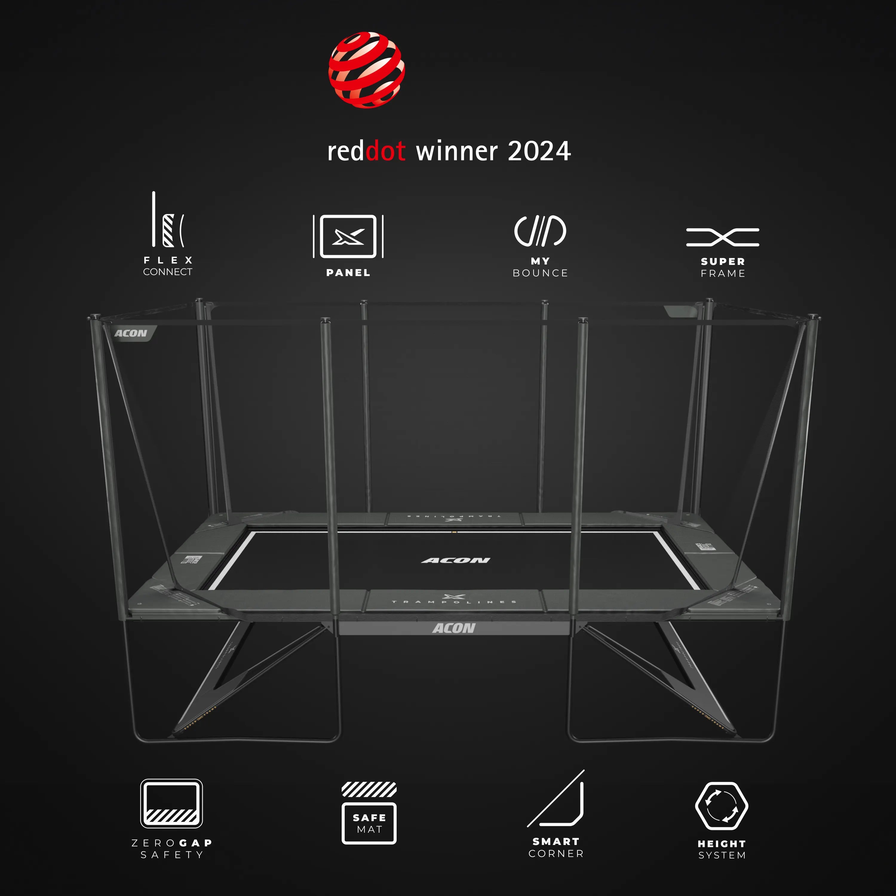 Acon X Trampoline with the Red Dot winner 2024 logo and the patent pending feature icons listed on a black background.