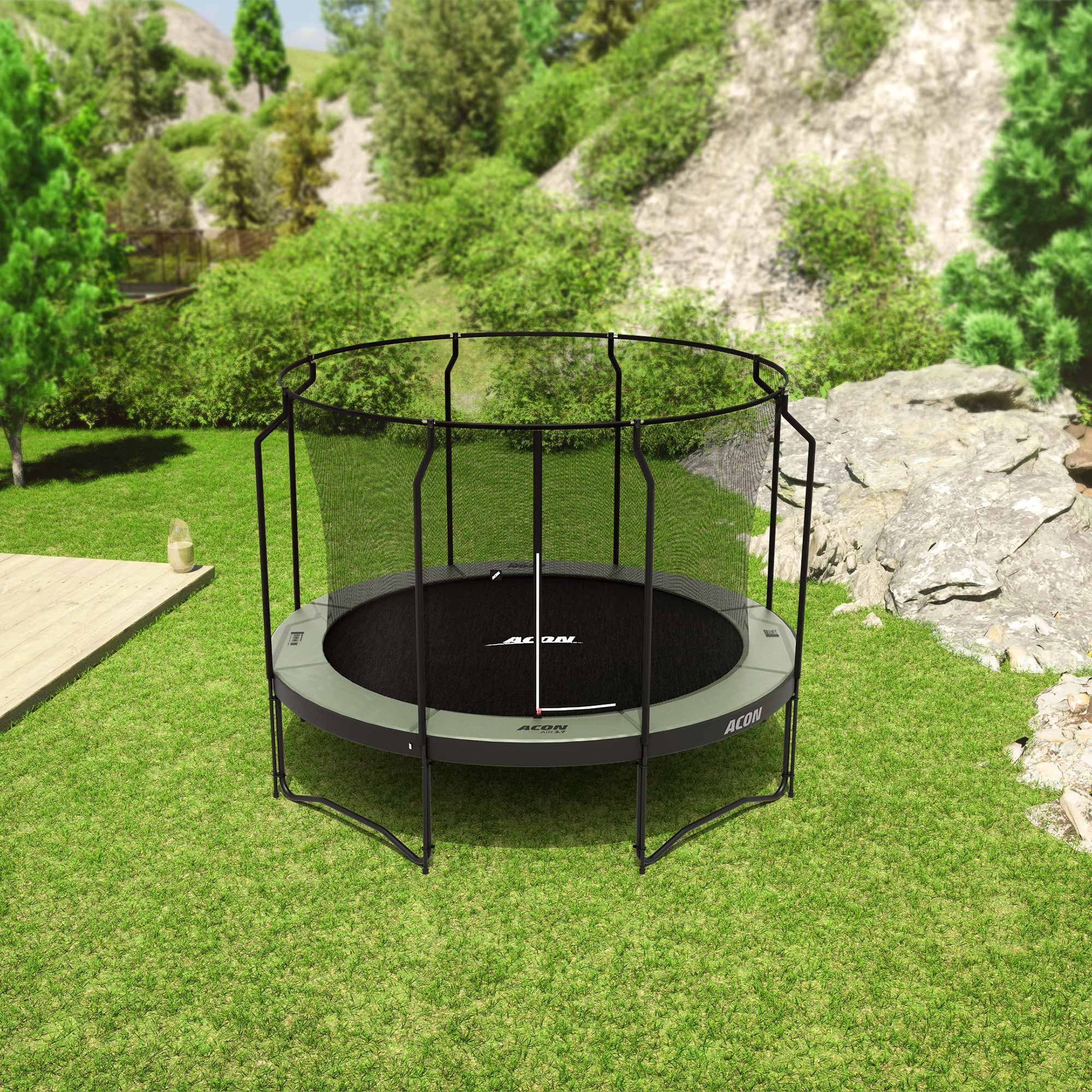 ACON Air 3,7m Trampoline with Premium Enclosure in the backyard.