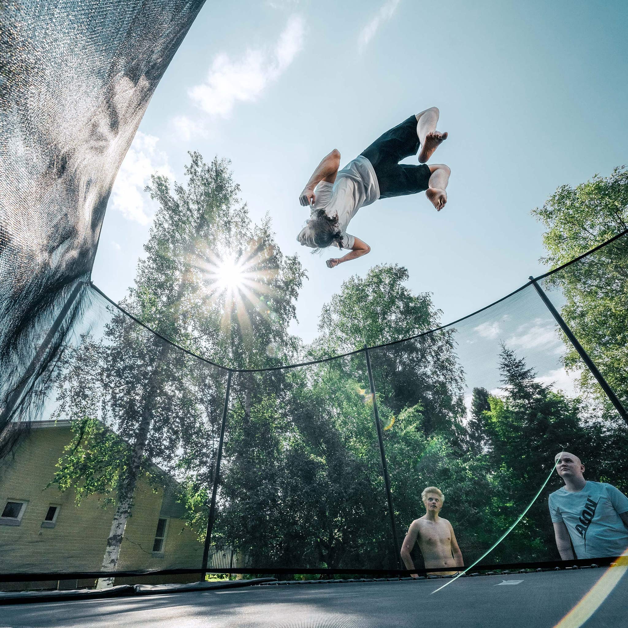 Trampoline trick on Acon Air 16 Sport HD Performance trampoline, guys are watching.